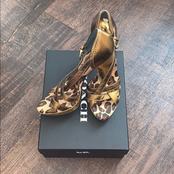 Coach | Gold and Leopard Print Strappy Heels - Picture 3 of 5